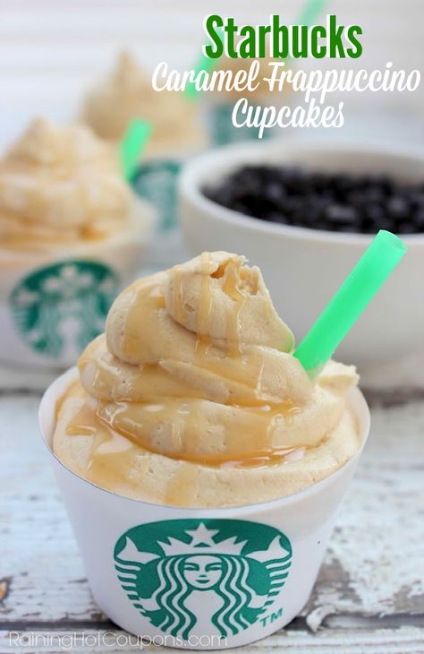 Starbucks Caramel Frappuccino Cupcakes Frappuccino Cupcakes, Starbucks Cupcakes, Starbucks Caramel Frappuccino, Starbucks Banana, Caramel Frappuccino, Starbucks Caramel, Copycat Starbucks, Cupcakes Recipe, Nut Bread