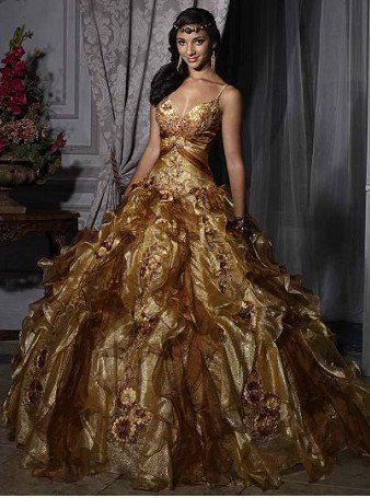 Gold/Coffee V neckline slim spaghetti straps handmade flower floral accents Ball Gown Quinceanera Dress-in Quinceanera Dre Gold Ball Gowns, Gold Quince Dress, Gold Wedding Dresses, Ball Gown Gold, Quinceanera Dresses Gold, Flower Gown, Quinceanera Collection, Gold Wedding Dress, Gold Prom Dresses