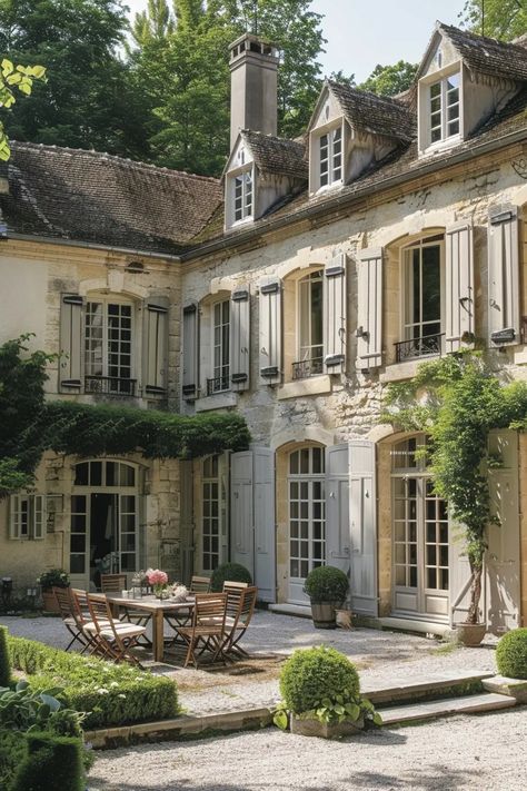 56 Stunning French Country House Exteriors French Chateau Patio, French Cottage Windows, Cute Family House Exterior, French Country Estate Exterior, French Countryside Home Exterior, Classic French Architecture, Classy House Exterior, French Country Style Homes Exterior, Countryside Home Exterior