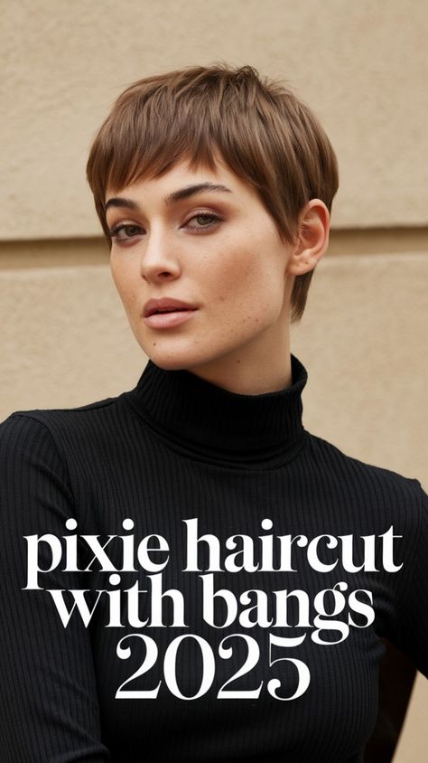 A pixie haircut with bangs is the go-to hairstyle for 2025, blending elegance and practicality. Perfect for women with round faces, straight hair, or curly hair, this haircut can be styled short, medium, or even shoulder length. Try a long layered pixie for a softer look or a messy grunge style for a bold statement. Whatever your preference, a pixie haircut with bangs fits the bill Pixie Haircut Shoulder Length, Mop Top Haircut For Women, 2025 Pixie Hair Trends For Women, Kate Mara Pixie, Straight Pixie Haircut, Feminine Short Hair Pixie, Pixie Haircut Straight Hair, Haircut 2024 Trends Women, "mixie" Haircut