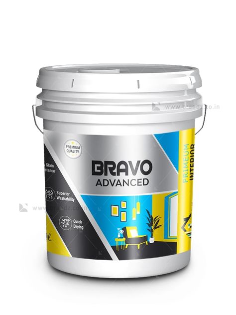 BRAVO Paint Bucket Label - Brandz.co.in Paint Bucket Design, Paint Branding, Paint Packaging, Wall Primer, Oil Logo, Brochure Food, Survival Food Storage, Packet Design, Tub Design