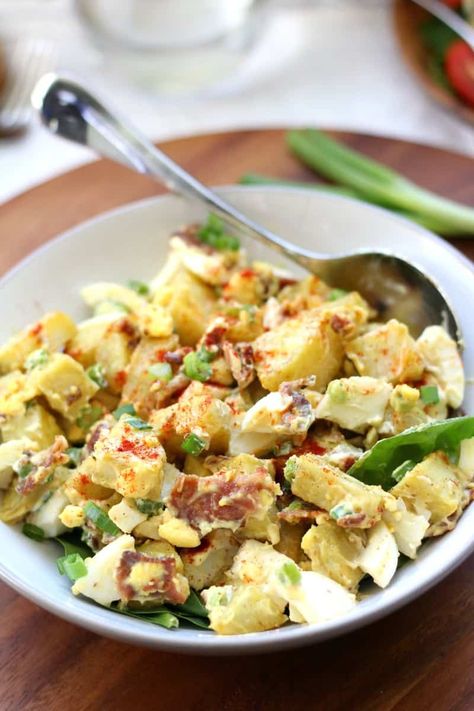 Paleo Sweet potato salad with bacon, green onion, eggs, and paleo mayo Paleo Potato Salad, Salad Japanese, Potato Salad With Bacon, Bacon Egg Salad, Sweet Potato Bacon, Sweet Potato Salad Recipe, Potato Salad Recipe Easy, Potato Bacon, Potato Salad With Egg