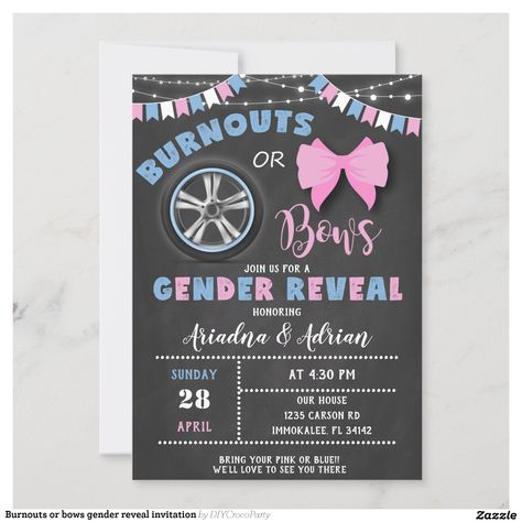 Create your own Invitation | Zazzle Burnouts Or Bows Gender Reveal, Bows Gender Reveal, Gender Reveal Invitations Template, Gender Reveal Party Games, Bow Gender Reveal, God Baby, Gender Reveal Party Theme, Gender Reveal Party Invitations, Gender Reveal Decorations