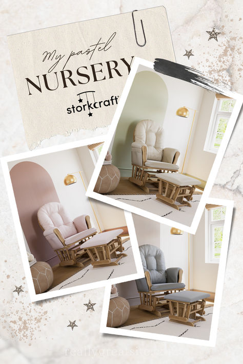 My pastel nursery. Storkcraft. Pastel Combinations, Smart Nursery, Glider Ottoman, Baby Room Storage, Pastel Nursery, Glider And Ottoman, Creative Storage Solutions, Nursery Organization, Baby Organization