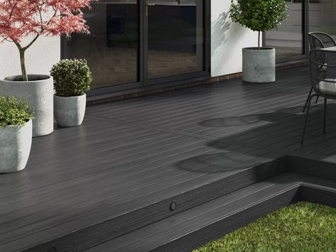 Dark Decking Ideas, Dark Grey Decking, Black Composite Decking, Charcoal Decking, Grey Decking Ideas, Modern Wood Deck, Dark Grey Deck, Black Decking Ideas, Decking Colours Ideas