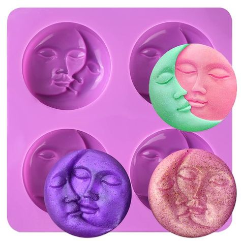 Sun & Moon Silicone Soap Molds, 4 Cavity Crescent Moon Face Silicone Soap Mold for Homemade Lotion Bar, Bath Bombs, Polymer C Melt Crayons, Silicone Soap Molds, Lotion Bars Diy, Homemade Lotion Bars, Savon Diy, Moon Cakes, Diy Scent, Diy Candles Scented, Candle Molds Diy