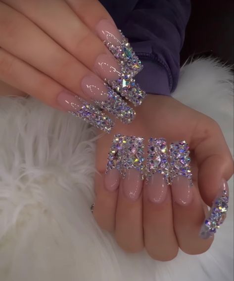 Birthday Nails Coffin Rhinestones, Birthday Nails Glitter Rhinestones, Baddie Bling Nails Medium, Long Tapered Square Nails With Rhinestones, Xl Long Acrylic Nails With Diamonds, Blinged Out Nails Rhinestones Pink, Blinged Out Nails, Nails Design With Rhinestones, Sparkly Nails