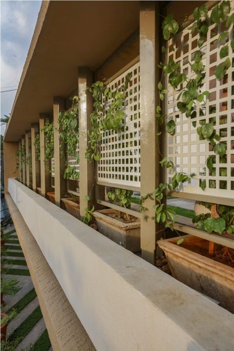 Saundha Gharaunda | Studio AVT | Haryana - Interiorlover Partition Design Ideas, Grill Wall, Modern Arabic Interior, Room Aesthetic Decor, Wall Partition Design, Terrace Garden Ideas, Modern Bungalow House Design, Compound Wall Design, Roof Garden Design