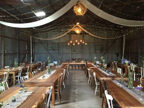 Steel Building Wedding Reception, Metal Building Wedding Decor, Wedding Venues Shed, Metal Shop Wedding Reception, Shearing Shed Wedding, Shed Wedding Reception Decoration, Pole Barn Wedding, Old Barn Wedding, Garage Wedding