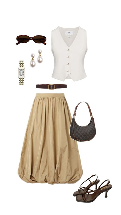 Bubble skirt outfit ideas. Long bubble skirt. Poplin skirt. Tailored vest outfit. Strappy sandals. European outfit ideas Long Bubble Skirt Outfit, Long Bubble Skirt, Bubble Skirt Outfit Ideas, Bubble Skirt Outfit, Skirt Outfit Ideas, Tailored Vest, Poplin Skirt, European Outfit, Vest Outfit