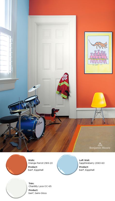 Have fun using complimentary paint colors on your wall for a playful look. Perfect for a kid’s bedroom or playroom, and with ben® Interior Paint by Benjamin Moore, it’s easy to transform a room with paint color. Walls: Orange Parrot 2169-20, ben®, Eggshell // Left Wall: Sapphireberry 2063-60, ben®, Eggshell // Trim: Chantilly Lace OC-65, ben®, Semi-Gloss Orange Paint Colors For Bedroom, Classroom Paint Colors Wall, Benjamin Moore Orange Paint Colors, Kids Room Paint Colors, Orange Parrot, Orange Painted Walls, Color Walls, Orange Paint Colors, Minimalist Kids Room