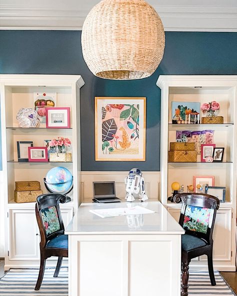 Turn the formal dining room into a playroom? Okay! Sometimes you have to break the rules and make your home work for you… . #flairinteriors #livewhereyoulive Family Study Room Shared Office, Ballard Designs Office, Dining Room Turned Playroom, Dining Room Turned Office, Dining Room Office Combo, Dining Room And Office Combo, Table In Office, Blue Laundry Rooms, Break The Rules