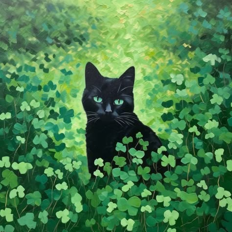 Whimsical Cat Art, Clover Field, Cat Unique, Black Cat Illustration, Black Cat Painting, Art Mignon, Black Cat Art, Whimsical Cats, Art Et Illustration