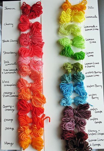 Color chart for Kool Aid dyes Fabric Experiments, Dyed Yarn Diy, Kool Aid Hair Dye, Kool Aid Dye, Kool Aid Hair, Hair Color Chart, Fabric Dye, Natural Dyeing, Art Appliqué