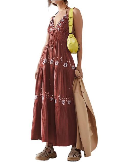 PRICES MAY VARY. Size: S, M, L, women summer beach floral printed maxi long dress, sleeveless one shoulder maxi long dress, women ruffle boho flowy swing sundress for vacation. Material: Women a line flowy spaghetti strap maxi long dress, backless summer long dress made of Polyester and cotton fabrics, super cozy and lightweight to wear. Features: Sexy off shoulder vacation boho maxi dress, low cut ruffle long dress, v neck pleated cut out maxi long dress, sleeveless tie back up, cut out backles Spain Outfit Ideas, Spain Outfit, Summer Long Dress, Ruffle Long Dress, Beach Floral, Summer Spaghetti, Oh My Goddess, Maxi Dress For Women, Hippie Dress