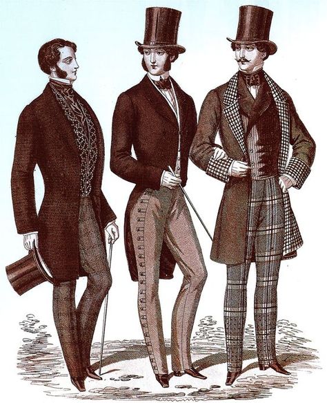 1850 - In contrast to t 1840's, t 1850's reflected a preference f bolder styling seen in frock coats w wider lapels & looser cuts. Waistcoats became fancier w bold patterns & metal buttons. In t early part of t decade, gentlemen wore extravagant, heavily starched, assymetrically tied cravats, which subsided later in t decade. At t beginning of t decade many gentlemen wore their hair parted on t side styled w an extreme frontal wave on top, but once again this subsided toward t end of t decade. Victorian Mens Fashion, 19th Century Men, 1850s Fashion, Victorian Men, Victorian Gentleman, Victorian Era Fashion, Victorian Man, Clothing Guide, Victorian Costume