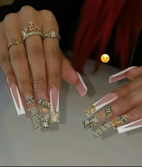 #nails Xl Baddie Acrylic Nails, White Nails Fancy, Long Money Nails, Money Design Nails, Money Charm Nails, Long Back To School Nails, Virgo Bday Nails, Nails Money Design, Red Money Nails