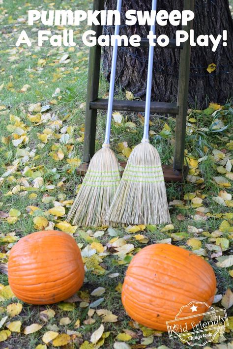 Pumpkin Sweep - Thanksgiving Game to Play. Kids and Adults of all ages will have fun playing this Pumpkin Sweep - A Great Fall, Halloween and Thanksgiving Game to play. www.kidfriendlythingstodo.com #pumpkin #game #kids #teens #adults #fun #race #Thanksgiving #Halloween Pumpkin Broom Race, High School Fall Festival Games, Harvest Feast Games, Pumpkin Walk Game, Fall Theme Carnival Games, Scarecrow Relay Race, Pumpkin Relay Race, Church Fall Festival Ideas Harvest Party, Pumpkin Olympics