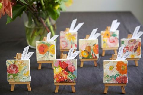 I like this idea as party favores. I found these same little canvases at an art store and used one as a Christmas present. I want to do this for my wedding, too! Artsy Wedding, Mini Tela, Mini Canvases, Mini Toile, Fairy Wedding, Easels, Art Party, Mini Canvas Art, Wedding Places