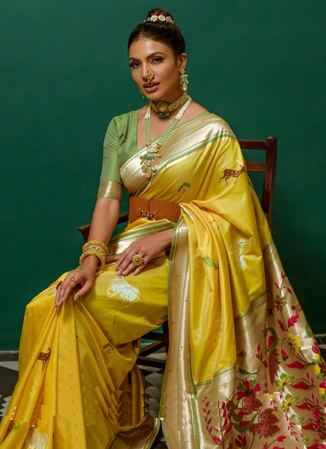 Yellow Paithani Saree, Yellow Paithani, Paithani Saree, Party Wear Gown, Vidya Balan, Yellow Saree, Indian Bridal Dress, Art Silk Sarees, Yellow Art