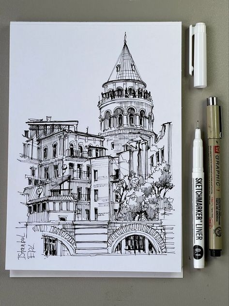 Sketching Symmetry: Exterior Design Solutions Pen Art Buildings, Arcitechture Simple Drawing, Istanbul Sketch, Pen Art Work, Architecture Drawing Sketchbooks, Architectural Sketches, City Sketch, Interior Architecture Drawing, Watercolor Architecture