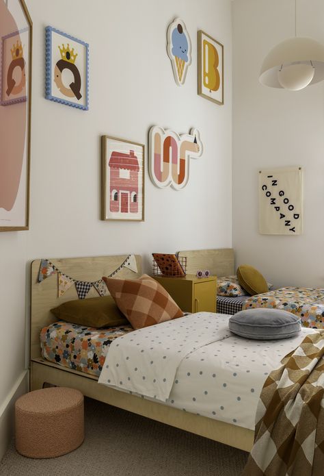 Shared girls' bedroom featuring V.Happy Co gallery wall Colourful Kids Bedroom, V Happy, Boy And Girl Shared Bedroom, Scandinavian Nursery Decor, Kids Rooms Shared, Mustard Made, Kids Shared Bedroom, Shared Girls Bedroom, Boy Girl Bedroom