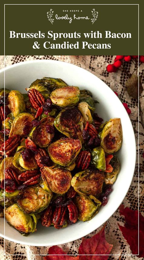 These brussels sprouts are the ultimate Thanksgiving side dish! They’re baked in bacon fat till crispy, then mixed with cranberries and candied pecans, spiced with smoked paprika and cayenne pepper! With only 6 main ingredients and a few spices, it takes only about an hour to make, and everyone at the Thanksgiving dinner table will be begging for the recipe. Easy Christmas Dinner, Brussels Sprouts With Bacon, Autumn Side Dishes, Christmas Side Dishes, Easy Thanksgiving Recipes, Thanksgiving Week, Bacon Brussel Sprouts, Recipes Thanksgiving, Veggie Meals