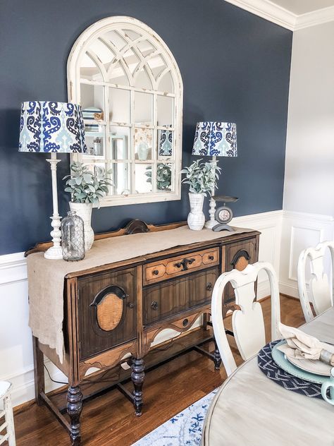 Dining Room Navy, Dining Room Transformation, Navy Accent Walls, Dining Room Accent Wall, Navy Living Rooms, Navy Paint, Dining Room Accents, Blue Accent Walls, Accent Wall Colors