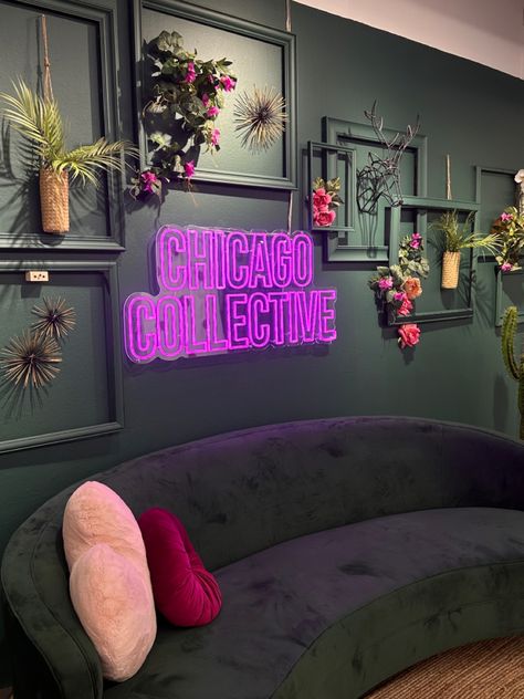 Neon Salon Decor, Salon Suite Accent Wall, Content Wall, Alternative Salon Decor, Neon Beauty Salon, Plant Wall With Neon Sign, Grass Wall With Neon Sign Pink, Podcast Room Ideas, Fake Plant Wall With Neon Sign