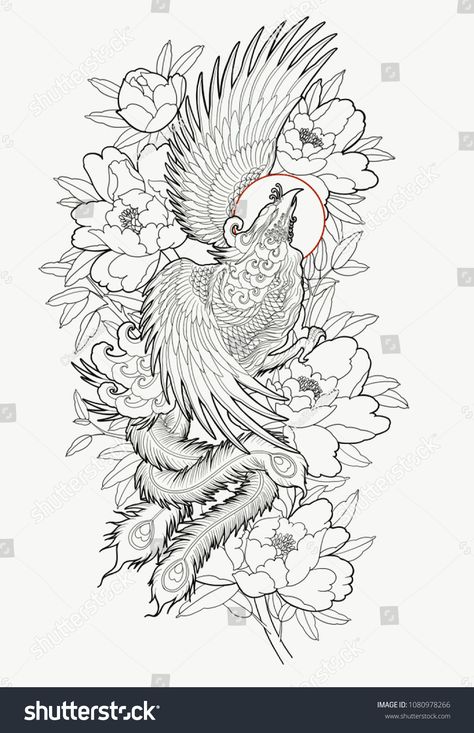 Hand drawn phoenix and flower outline tattoo design. Outline Tattoo Design, Flower Outline Tattoo, Tattoo Japonais, Tato Phoenix, Japanese Phoenix Tattoo, Hanya Tattoo, Outline Tattoo, Tato Lengan, Phoenix Tattoo Design