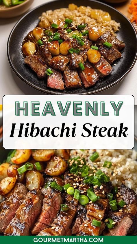 Hibachi Steak – a restaurant-style Japanese steak cooked to perfection with garlic butter and a rich, savory sauce! This easy hibachi recipe brings the sizzling flavors of your favorite teppanyaki grill right to your kitchen. Serve it with rice and veggies for an irresistible dinner. Your next favorite meal is just a click away! #hibachisteak #japanesesteak #homemadehibachi #teppanyaki #easybeefdinner #steakrecipes #quickdinnerideas #asianflavors #homemadejapanesefood #grilledsteak #dinnerrecipes #savoryanddelicious Hibachi Steak And Noodles Recipe, Steak Hibachi Recipe, Keto Hibachi, Easy Hibachi Steak, Teppanyaki Steak, Hibachi Steak Recipe, Hibachi Recipe, Homemade Hibachi, Easy Hibachi