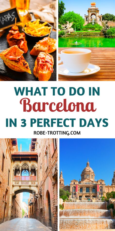 If you're planning a trip there and don't know what to do in Barcelona - here's the perfect solution. Check out our #1 guide to 3 days in Barcelona. Plan a wonderful itinerary of all the main Barcelona sightseeing attractions and still have time to unwind and relax with a cafe con leche or a glass of sangria and some delicious tapas! www.robe-trotting.com/3-days-in-barcelona #Spain #Barcelona #Itinerary #TravelPlanning Barcelona Tourist Attractions, Barcelona Day Trips, Barcelona Tourist, Travel In Spain, Mediterranean Vacation, Barcelona Vacation, Spain Destinations, Barcelona Guide, Barcelona Itinerary