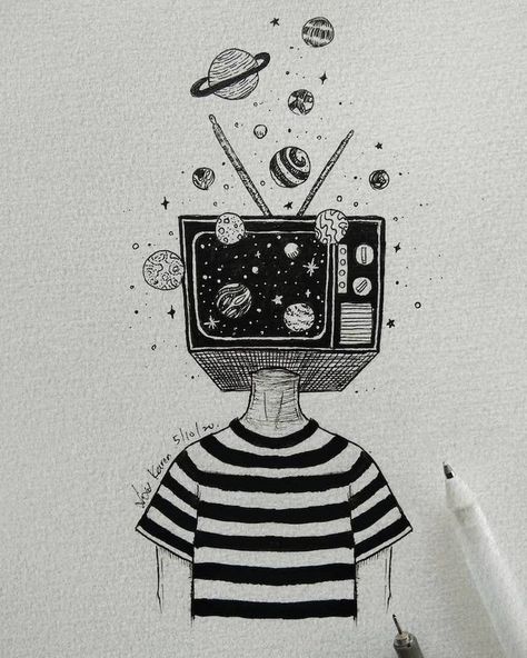 If you're looking for cool drawing ideas, you'll love this aesthetic drawing of a girl with a TV on her head that filled with planets from the galaxy. Great and easy fun drawing and sketch idea. Best And Easy Drawings, Planet Head Drawing, Painting And Sketching Ideas, Add As A Drawing, Out Of Place Art Drawings, Tv Head Sketch, Simple Aesthetic Illustration, Rapid Painting Ideas Easy, Art About Loving Someone