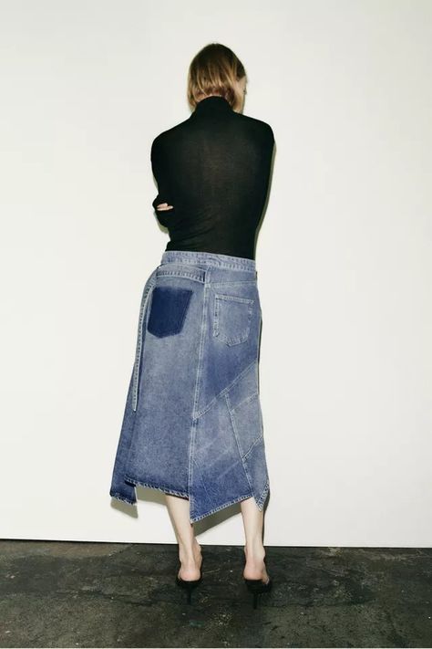 ZARA Asymmetric Denim Skirt Wrap Midi Hybrid Long XS S M ZW Collection | eBay Midi Skirt With Belt, Skirt With Belt, Mode Jeans, Photography Poses Women, Denim Trends, Autumn Street Style, Recycled Denim, Denim Design, Zara Woman