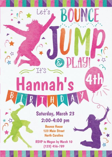 Bounce House Party Invitations, Jump Birthday Party, Trampoline Birthday Invitations, Joy Birthday, Bounce House Birthday Party, Third Birthday Girl, Bounce House Birthday, Trampoline Jump, Invites Template