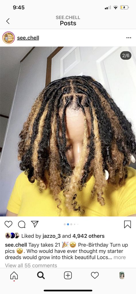 Locs Ends Dyed, Locs With Patch Of Color, Dyed Loc Tips Hair Colors, Dyed Locs Highlights, Black Locs With Blonde Highlights, Blonde Roots Dark Ends Locs, Died Dread Locks, Dyed Locs Tips, Half And Half Dyed Locs