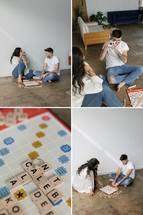 Couple Activity Photoshoot, Fun Pre Wedding Shoot Ideas, Fun Photoshoot Couple, Video Game Engagement Photos, Unique Prewedding Concept, Gamer Engagement Photos, Fun Pre Wedding Photoshoot, Board Game Engagement Photos, Board Game Photoshoot