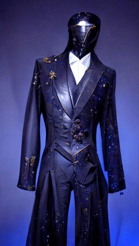 Starry Suit Men, Wizard Suit Design, Mascarade Suit Men, Space Themed Tuxedo, Mens Ballroom Suit, Space Themed Wedding Suit, Preformance Outfits Male, Blue Fancy Outfits Men, Space Clothes Aesthetic Male