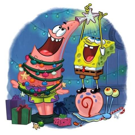 Spongebob Christmas Drawing, Spongebob Christmas Painting, Sponge Bob Christmas, Patrick Star Christmas, Spongebob Christmas Wallpaper, Nickelodeon Christmas, Sundjer Bob, Cartoon Characters Christmas, Christmas Spongebob