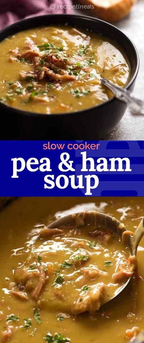 This is a fabulous “throw it all in the slow cooker” Pea and Ham soup. There’s no need to cook the onion separately – it “sautés” itself in the fat from the ham hock that rises to the surface. Thick, hearty soup broth infused with incredible flavour from the ham bone! Split Pea And Ham Hock Soup Crock Pot, Split Pea Soup Ham Bone Slow Cooker, Slow Cooker Split Pea Soup With Ham Hock, Split Pea Soup Crockpot Ham Hock, Slow Cooker Ham Bone Soup, Slow Cooker Pea Soup With Ham Bone, Pea Soup With Ham Bone Slow Cooker, Crockpot Ham Bone Soup, Ham Hock Soup Recipes Slow Cooker