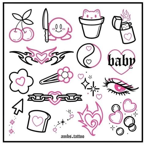 Cute New School Tattoo, Cute Doodles Y2k, Retro Aesthetic Tattoo, Simple Tattoos Traditional, Simple Tattoos Alt, Small Pink Tattoo Ideas, Tattoo Flash Sheet Girly, Floral Outline Drawing Simple, Interesting Tattoo Ideas