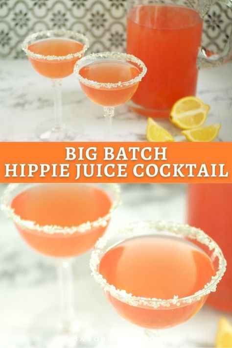 This delicious summer cocktail is made with lemonade and watermelon vodka to make the summer's best big-batch cocktail for parties and gatherings. | Hippie Juice Cocktail | Cocktail Recipes | Party Cocktails Disco Alcohol Drinks, Big Batch Drinks For Parties, Big Batch Martini Recipe, Disco Party Cocktails, Disco Party Drink Ideas, Party Cocktails Big Batch Easy, Big Batch Vodka Cocktails, Big Batch Cocktails Summer Easy, Vodka Batch Cocktails