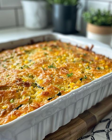 My nana used to make this when I was growing up. It still slaps today! Zucchini Cornbread Casserole, Zucchini Cornbread, Cooktop Cove, Savory Cornbread, Cheesy Cornbread, Casserole Kitchen, Cornbread Casserole Recipe, Cornbread Casserole, Zucchini Casserole