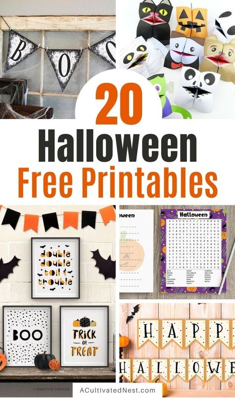 20 Spooky Halloween Free Printables- If you want to update your décor for Halloween on a budget, check out these fun Halloween free printables! A lot of fun free printable Halloween activities for kids are also included! | #freePrintable #HalloweenCrafts #HalloweenPrintables #printableKidsActivities #ACultivatedNest Halloween Free Printables, Printable Halloween Activities, Halloween On A Budget, Halloween Subway Art, Wall Art Free Printables, Spooky Halloween Candles, Printable Halloween Decorations, Cute Halloween Coloring Pages, Free Halloween Printables