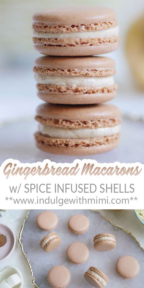 Christmas Wants And Needs, Gingerbread Macarons, Spice Desserts, Holiday Macarons, White Chocolate Filling, French Macaroon Recipes, Macaron Recipes, Gingerbread Spice, Christmas Macarons