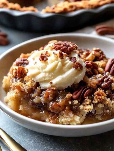 Pecan Pie Cobbler - Easier Than Pie - My Home Made Recipe Pies And Cobblers, Winter Cobbler Recipes, Pecan Cobbler Recipe Easy, Cooktop Cove Recipes Dessert, Pecan Pie Cobbler Easy, Pecan Pie Cobbler Recipe, Pecan Crisp, Pecan Cobbler Recipe, Pecan Pie Cobbler