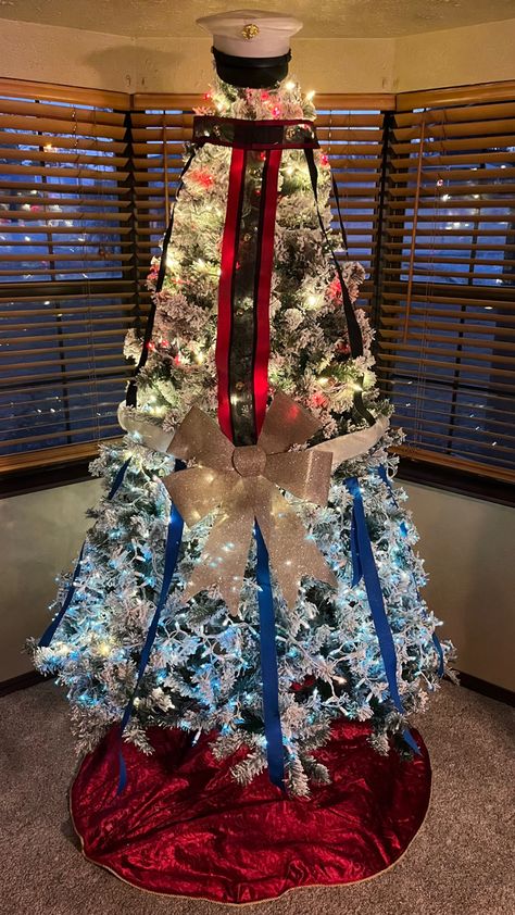 Wife and I decorated our new Christmas Tree Marine Corps Dress Blues Usmc Christmas Tree, Us Marine Christmas Tree, Marine Corp Christmas Tree, Usmc Christmas, Marine Corps Dress Blues, Marine Christmas, Dress Blues, Us Marine, Christmas Tree Themes