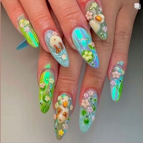 Nail Art Inspo, Duck Nails, Airbrush Nails, Duck Art, Animal Nails, Really Cute Nails, Pastel Nails, Unique Nails, Funky Nails