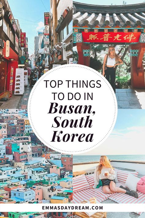 From the most instagrammable cafes to the best views of the city, I've got you covered with the best things to do in Busan, South Korea! Visit Gamcheon Culture village, Haedong Yonggungsa Temple, Busan Tower, and Haeundae Beach. Busan truly has something for everyone, and whether you're looking for a 3 day itinerary for Busan or you're looking to call it home, this is the ultimate travel guide and itinerary for Busan. | South Korea Travel guides #Busantravel #southkoreatravel #Busan South Korean Travel, What To Do In South Korea, Best Places To Visit In South Korea, Things To Do In Busan, South Korea Vacation, Things To Do In Busan South Korea, Busan Bucket List, Busan Tower, South Korea Travel Guide