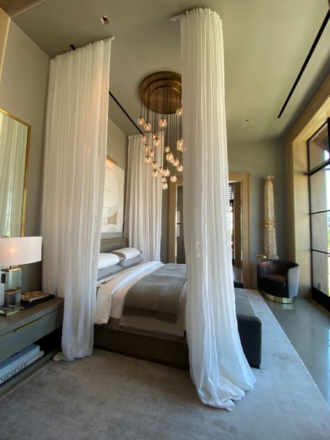 Master Bed Canopy, Tufted Canopy Bed, Dreamy Canopy Bed, Curtain Bed Frame, Modern Bed Canopy, Canopy Ceiling Draping Bedroom, Curtains Around Bed Diy, Canopy Bed High Ceiling, Canopy Curtain Ideas Bedroom